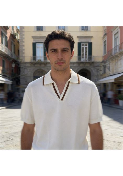 Paolo Pecora Milano Men's V-Neck Knit Polo - Off-White & Brown PAOLO PECORA |  | A017 F1001102